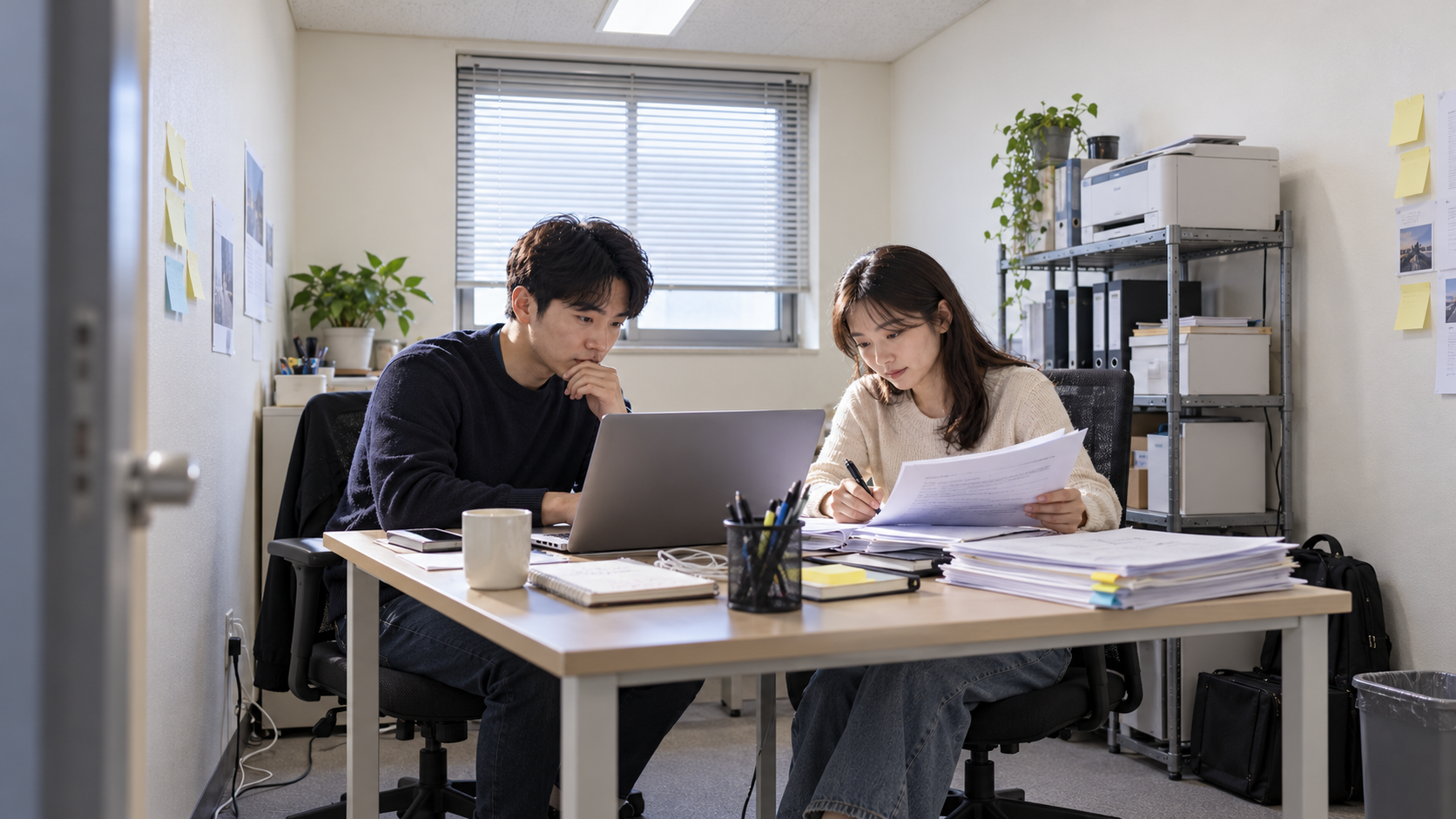 작은 사무실에서 소프트웨어 기업 직원 두 명이 노트북과 서류를 함께 검토하는 모습을 연출한 편집 이미지
